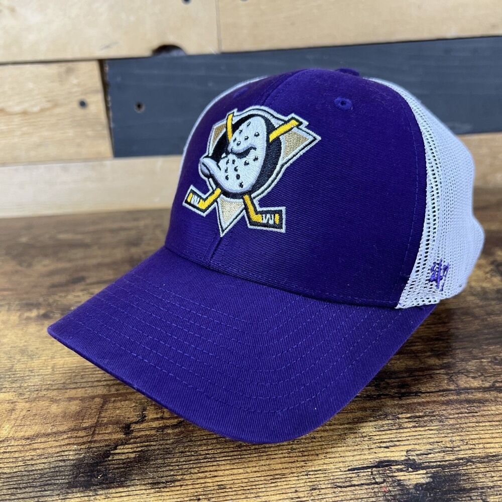 Anaheim Ducks '47 Brand Trucker Hat Snapback Mesh Cap Purple White NHL Hockey